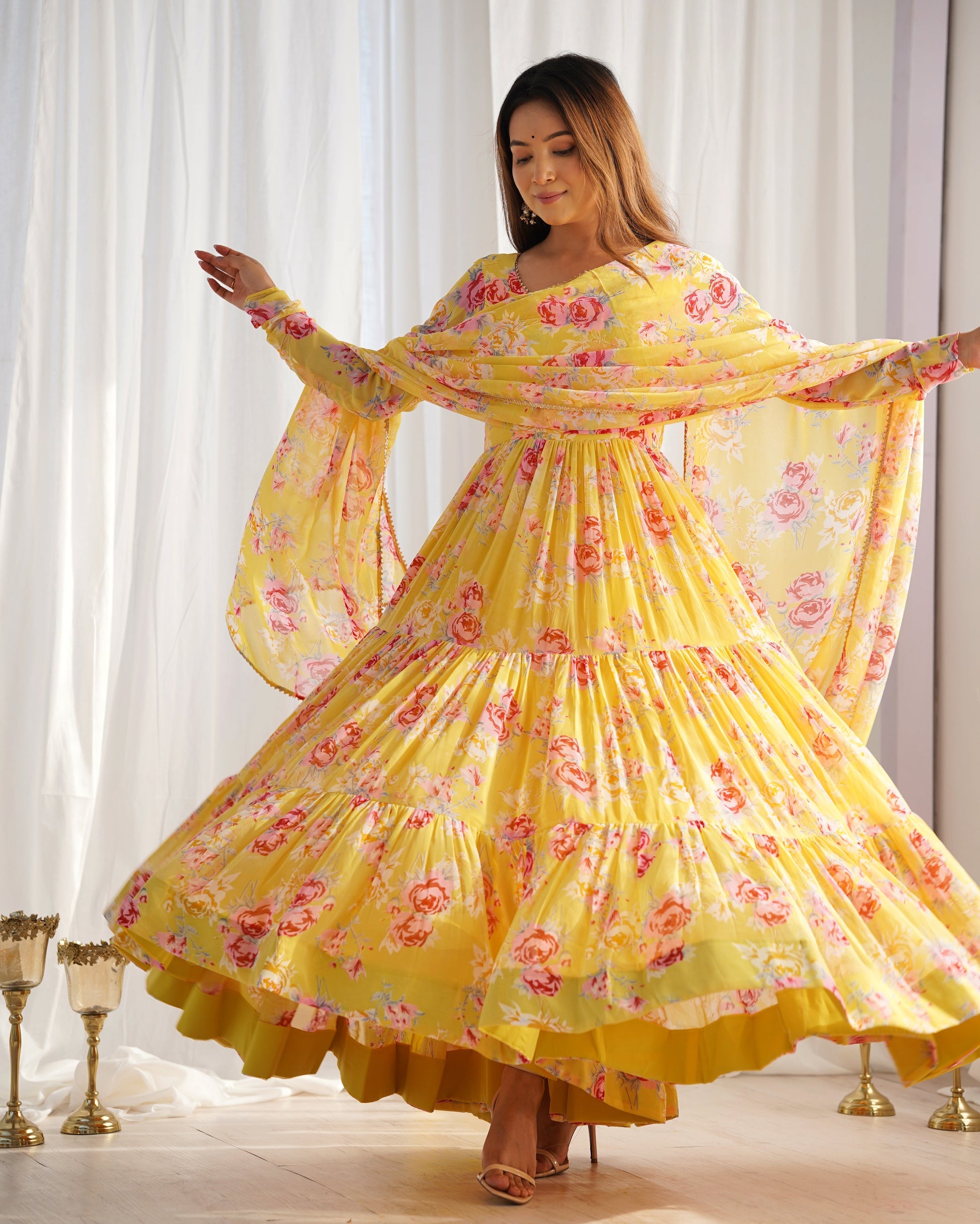Lorenvalley Women Pure Soft Faux Georgette Floral Print Fully Flair Anarkali Kurta Pant With Dupatta Set - Yellow 