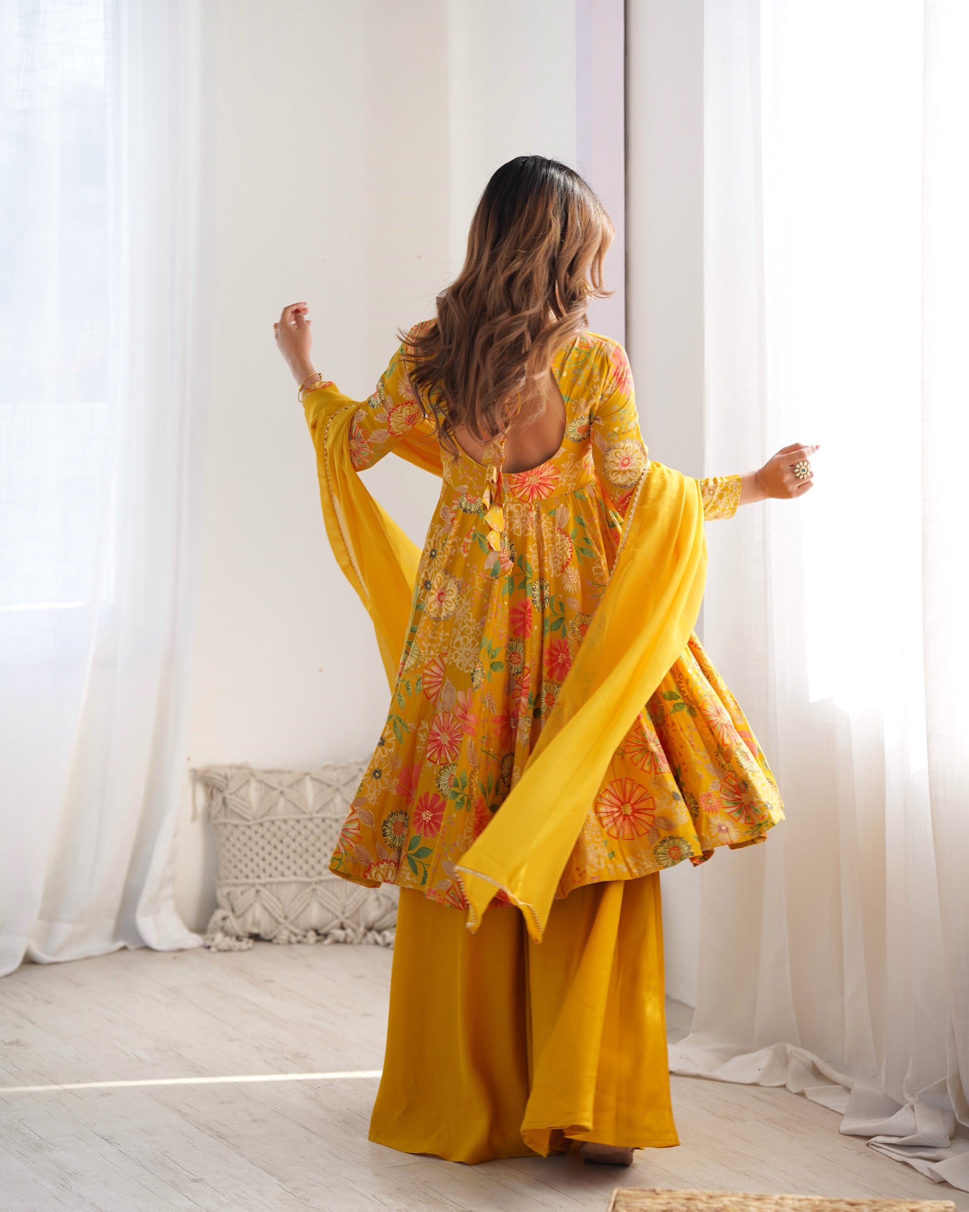 Lorenvalley Women Pure Soft Roman silk Chanderi Discharge Print Fabric Kediya Kurta Palazzo with Dupatta Set - Yellow 