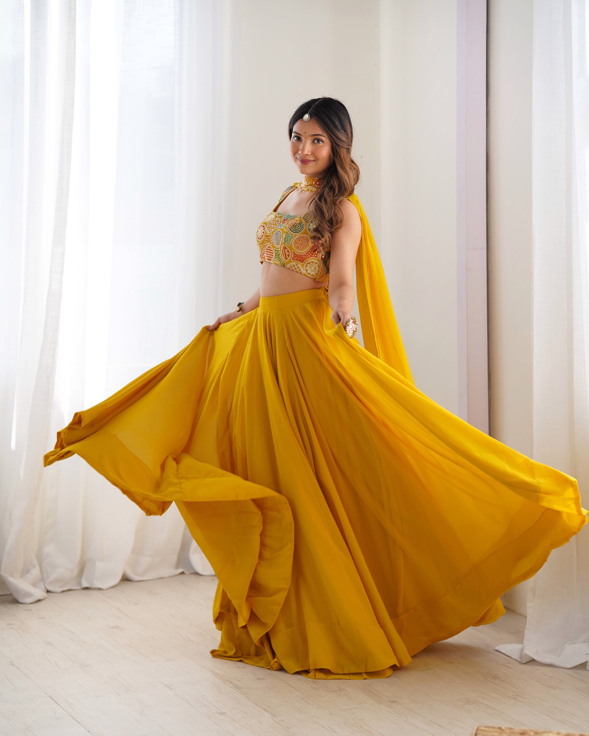 Lorenvalley Yellow Faux Georgette Stitched Lehenga Embroidery Blouse with Dupatta 