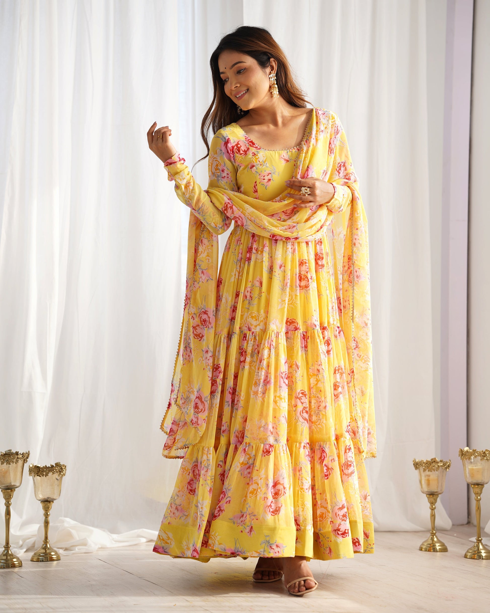 Lorenvalley Women Pure Soft Faux Georgette Floral Print Fully Flair Anarkali Kurta Pant With Dupatta Set - Yellow 