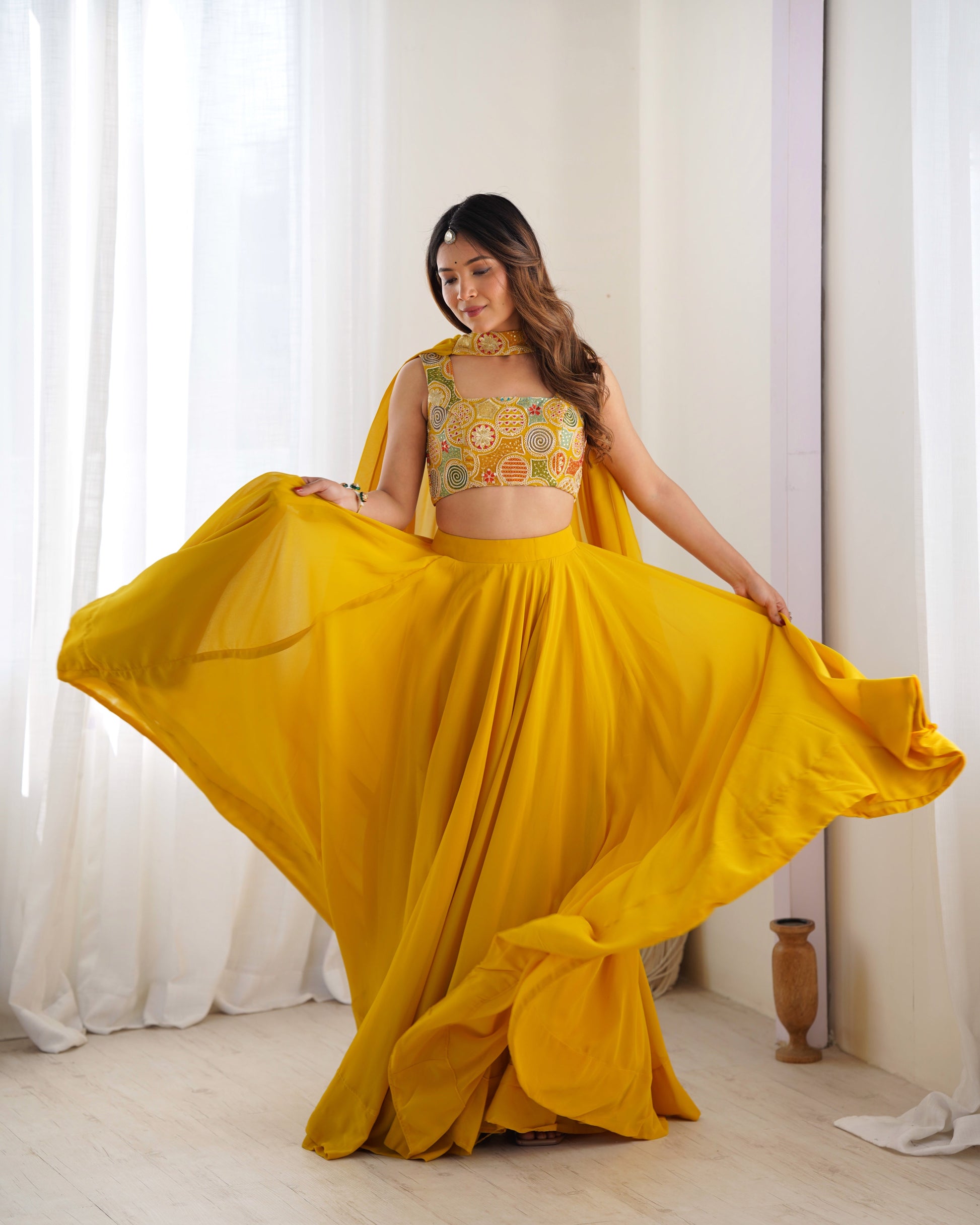 Lorenvalley Yellow Faux Georgette Stitched Lehenga Embroidery Blouse with Dupatta 
