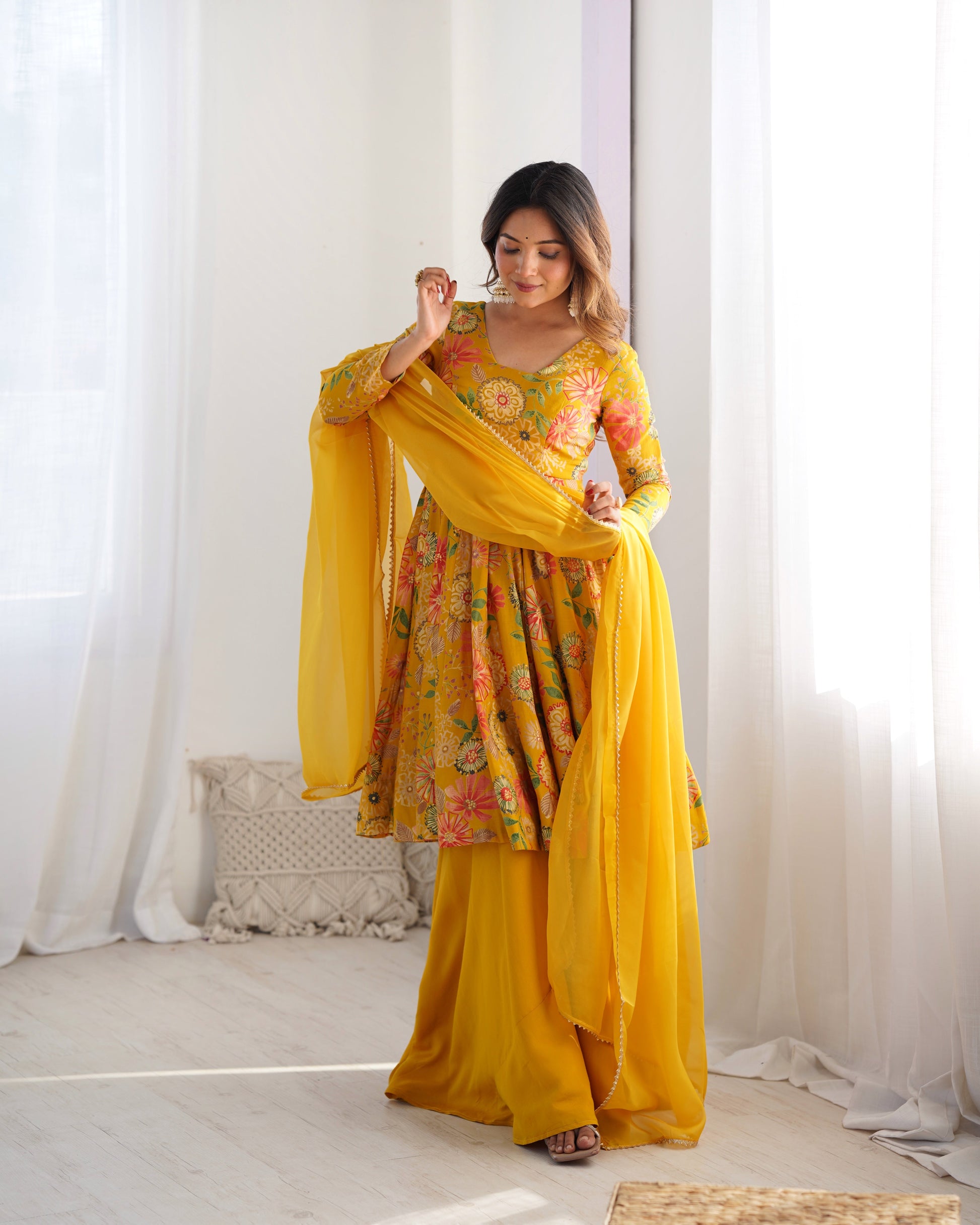 Lorenvalley Women Pure Soft Roman silk Chanderi Discharge Print Fabric Kediya Kurta Palazzo with Dupatta Set - Yellow 