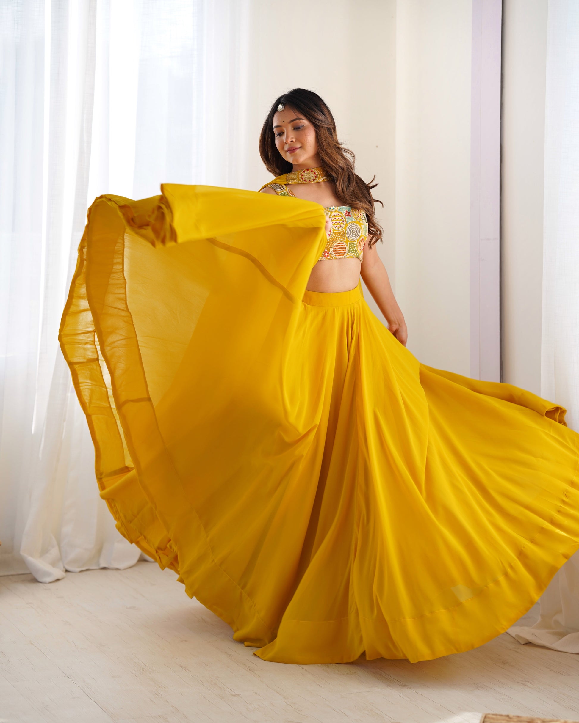 Lorenvalley Yellow Faux Georgette Stitched Lehenga Embroidery Blouse with Dupatta 