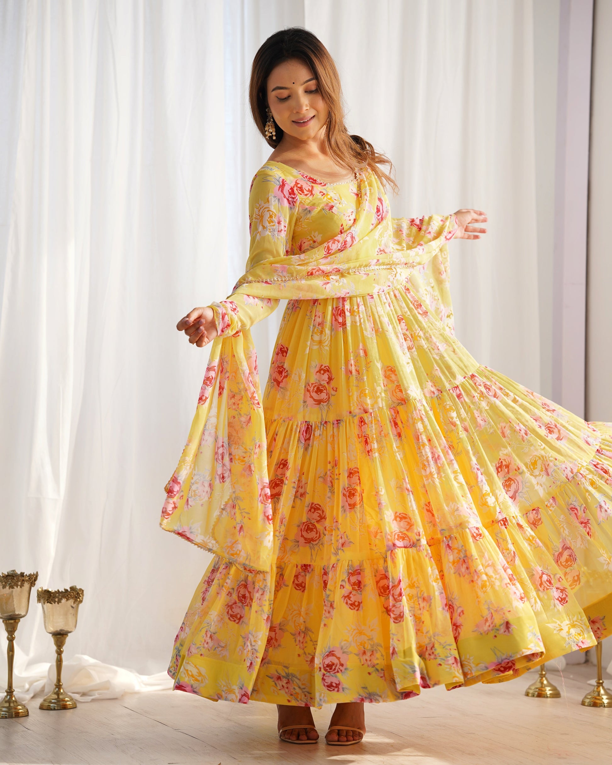 Lorenvalley Women Pure Soft Faux Georgette Floral Print Fully Flair Anarkali Kurta Pant With Dupatta Set - Yellow 
