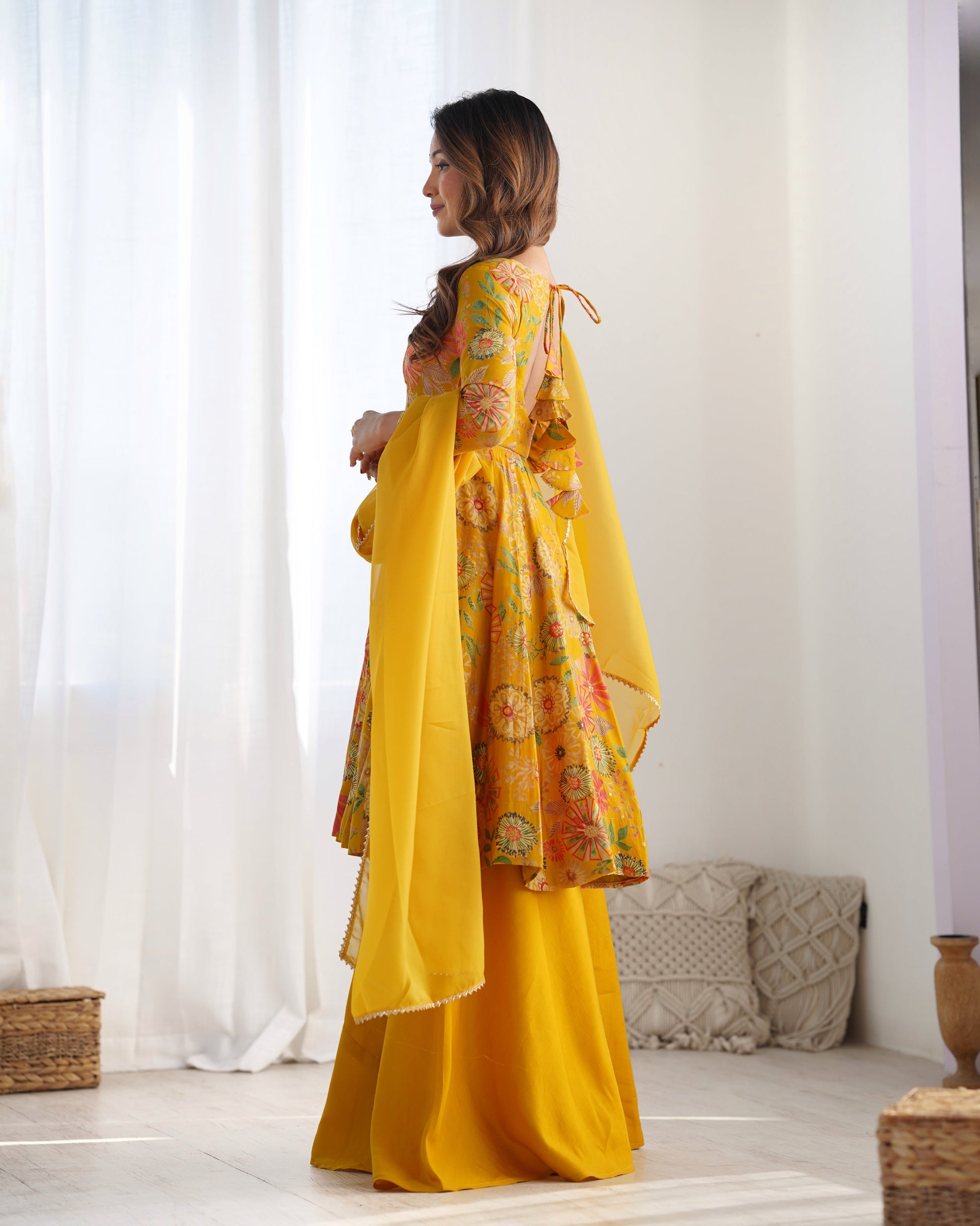 Lorenvalley Women Pure Soft Roman silk Chanderi Discharge Print Fabric Kediya Kurta Palazzo with Dupatta Set - Yellow 