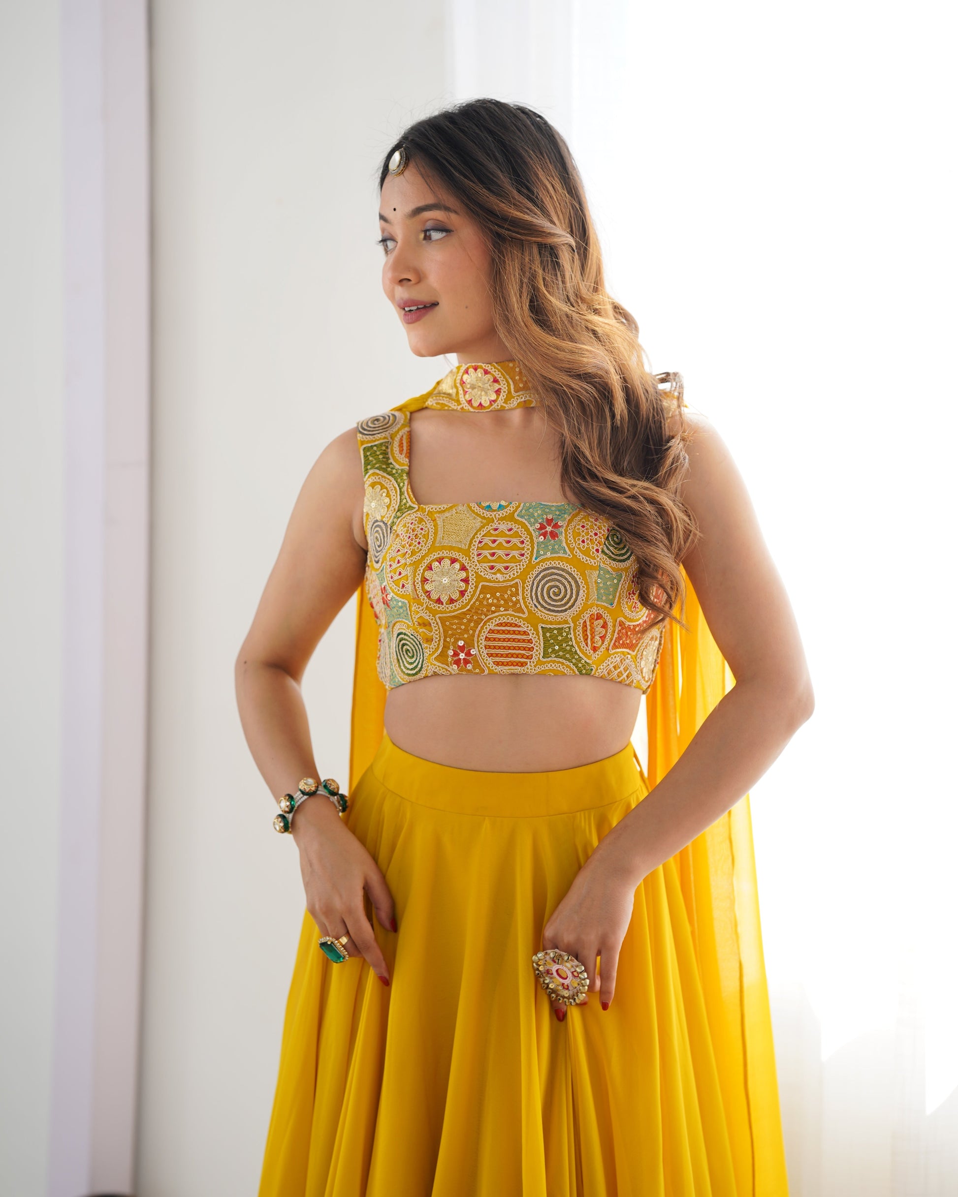Lorenvalley Yellow Faux Georgette Stitched Lehenga Embroidery Blouse with Dupatta 