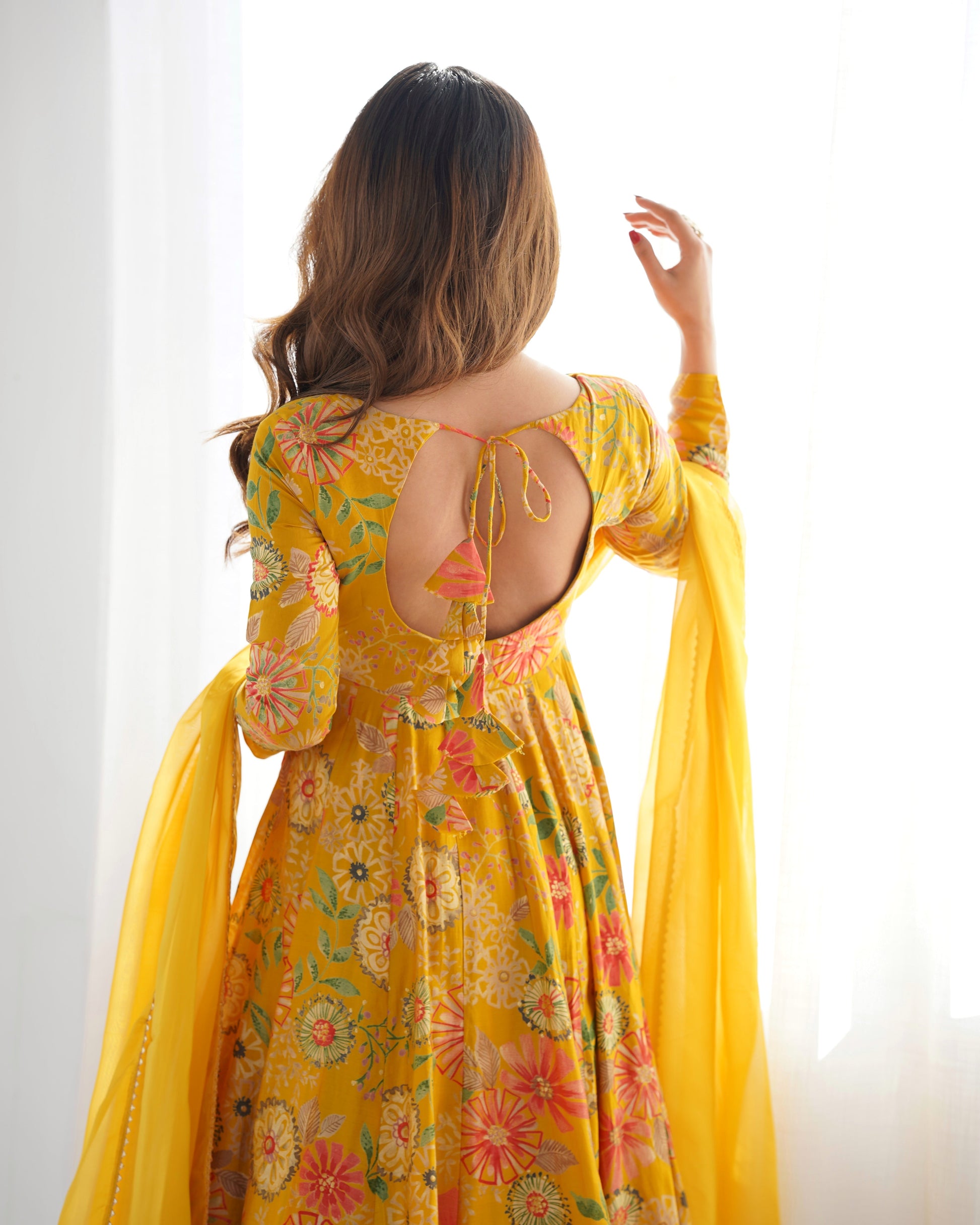 Lorenvalley Women Pure Soft Roman silk Chanderi Discharge Print Fabric Kediya Kurta Palazzo with Dupatta Set - Yellow 