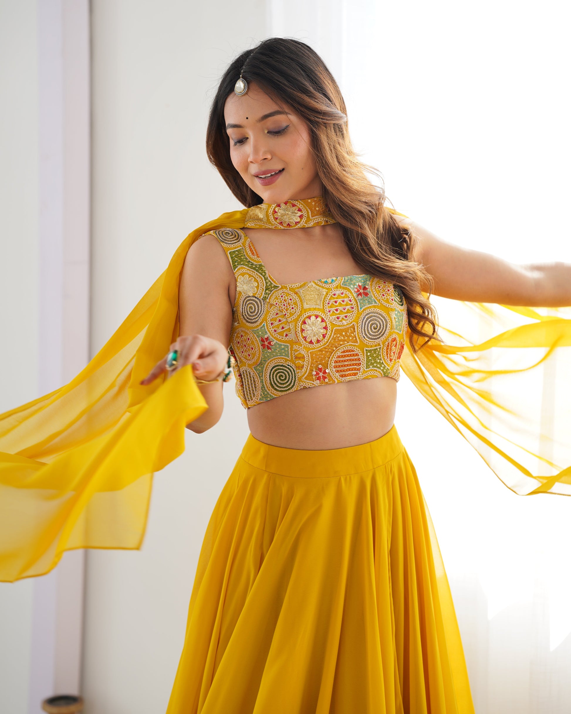 Lorenvalley Yellow Faux Georgette Stitched Lehenga Embroidery Blouse with Dupatta 