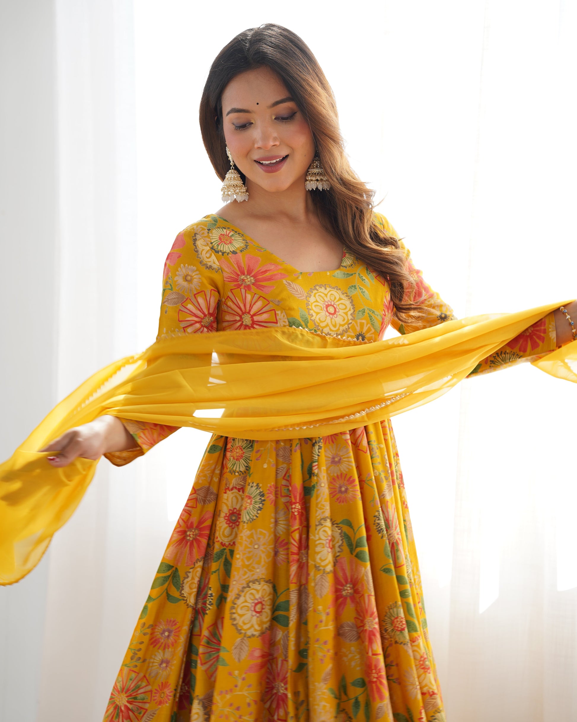 Lorenvalley Women Pure Soft Roman silk Chanderi Discharge Print Fabric Kediya Kurta Palazzo with Dupatta Set - Yellow 