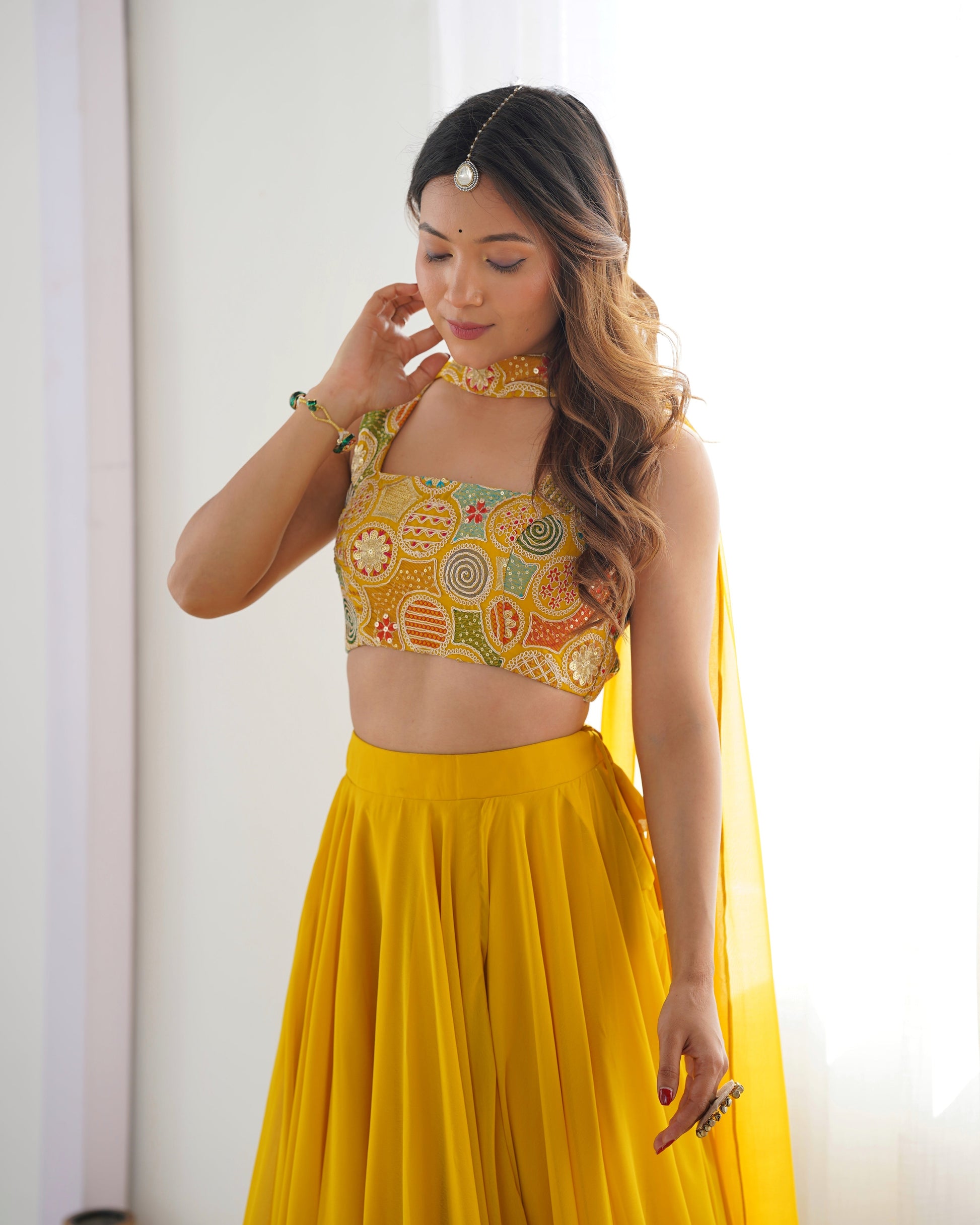 Lorenvalley Yellow Faux Georgette Stitched Lehenga Embroidery Blouse with Dupatta 