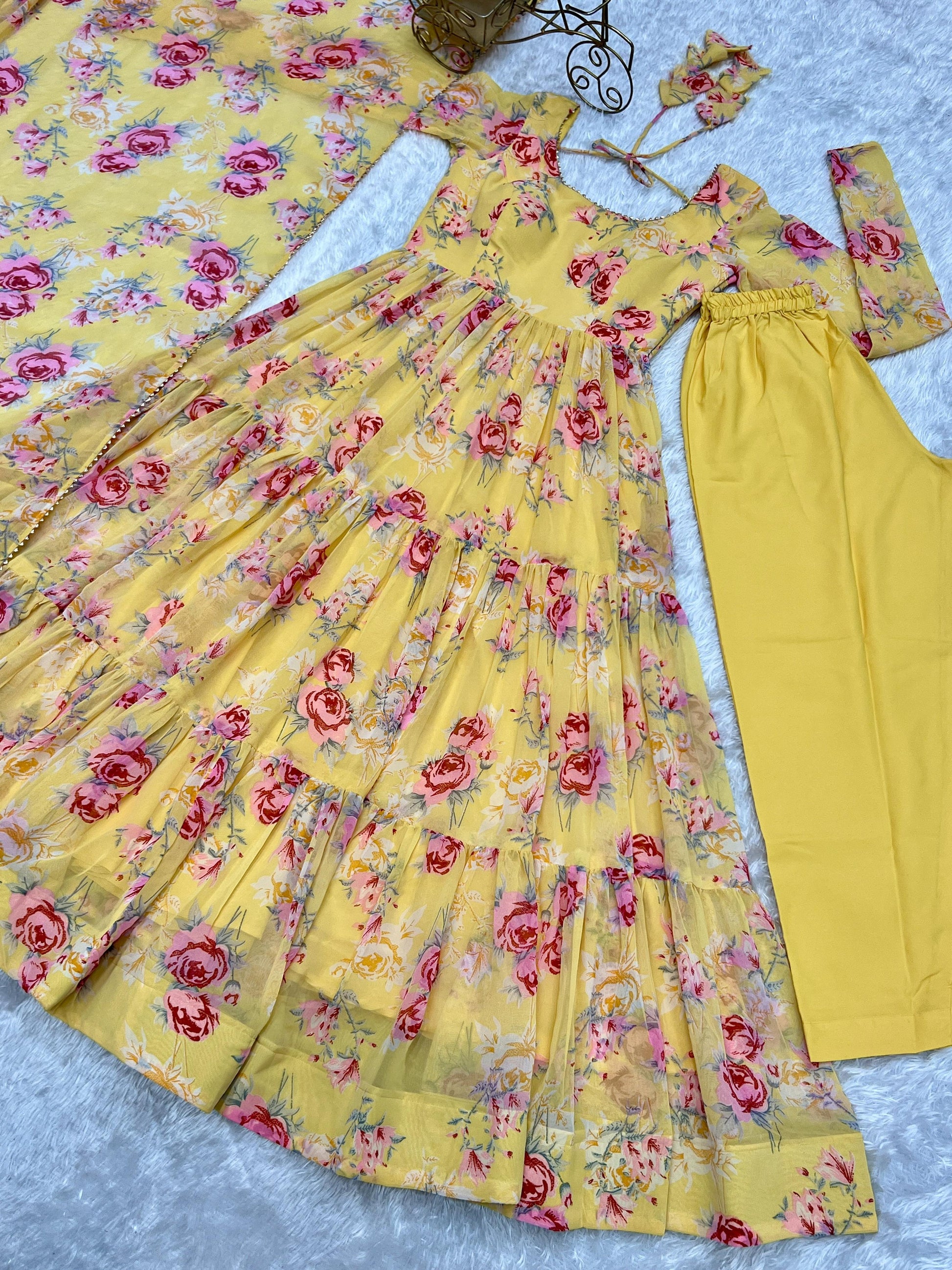 Lorenvalley Women Pure Soft Faux Georgette Floral Print Fully Flair Anarkali Kurta Pant With Dupatta Set - Yellow 