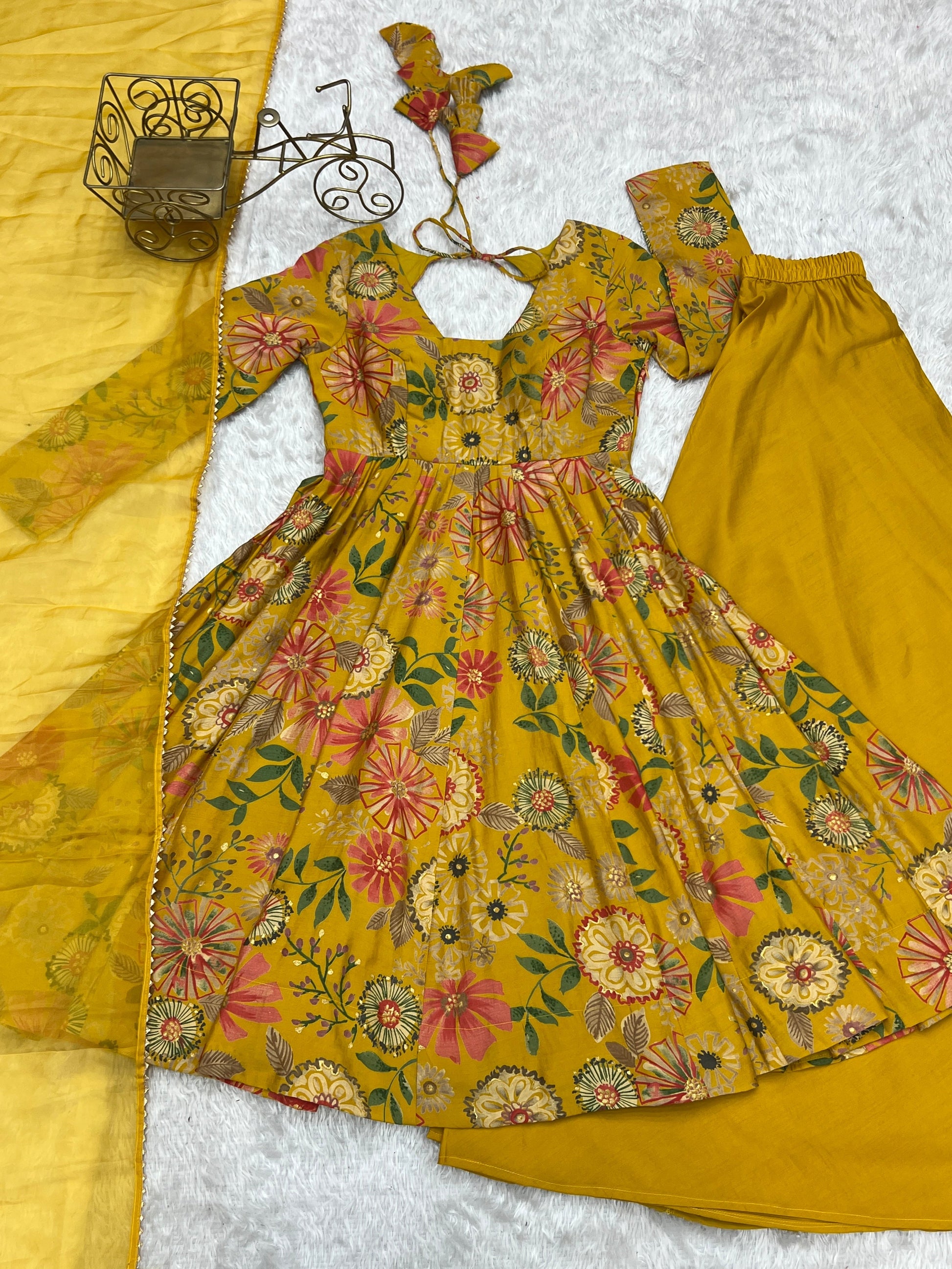 Lorenvalley Women Pure Soft Roman silk Chanderi Discharge Print Fabric Kediya Kurta Palazzo with Dupatta Set - Yellow 