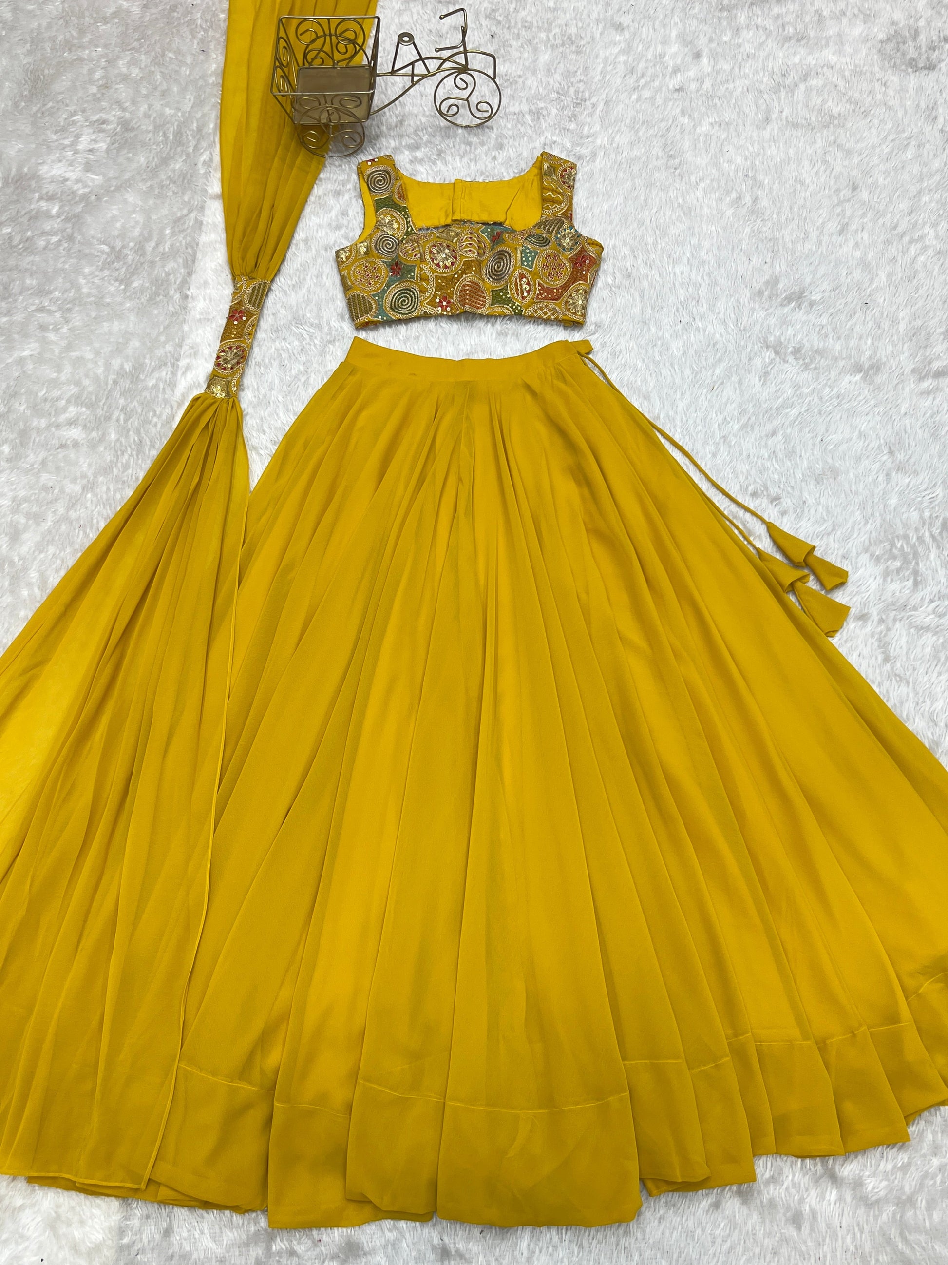Lorenvalley Yellow Faux Georgette Stitched Lehenga Embroidery Blouse with Dupatta 