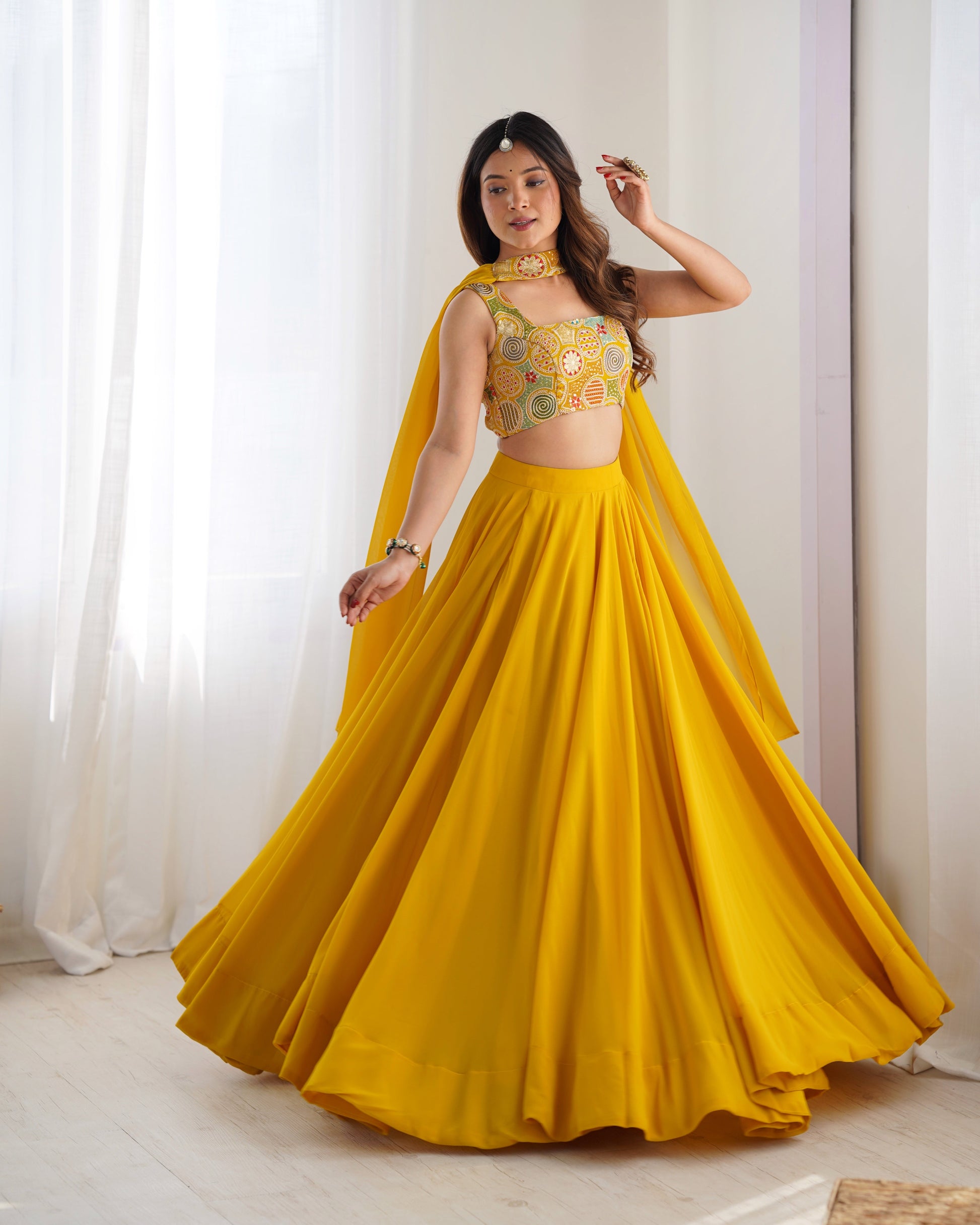 Lorenvalley Yellow Faux Georgette Stitched Lehenga Embroidery Blouse with Dupatta 