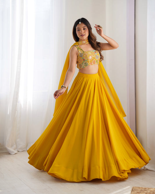 Lorenvalley Yellow Faux Georgette Stitched Lehenga Embroidery Blouse with Dupatta 