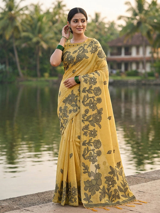 Anaita Yellow Linen Printed Saree With Blouse
