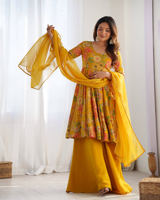 Lorenvalley Women Pure Soft Roman silk Chanderi Discharge Print Fabric Kediya Kurta Palazzo with Dupatta Set - Yellow 