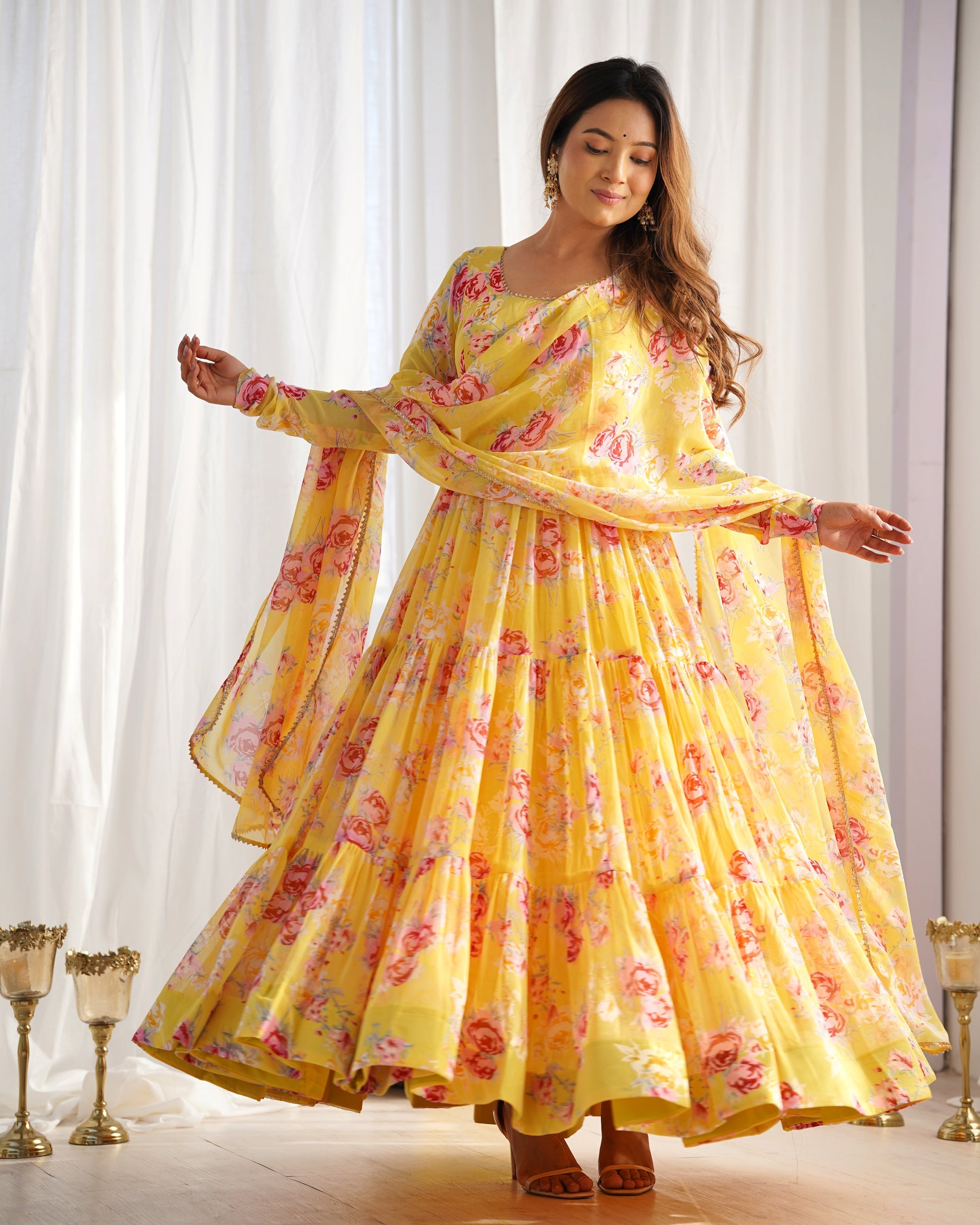 Lorenvalley Women Pure Soft Faux Georgette Floral Print Fully Flair Anarkali Kurta Pant With Dupatta Set - Yellow 