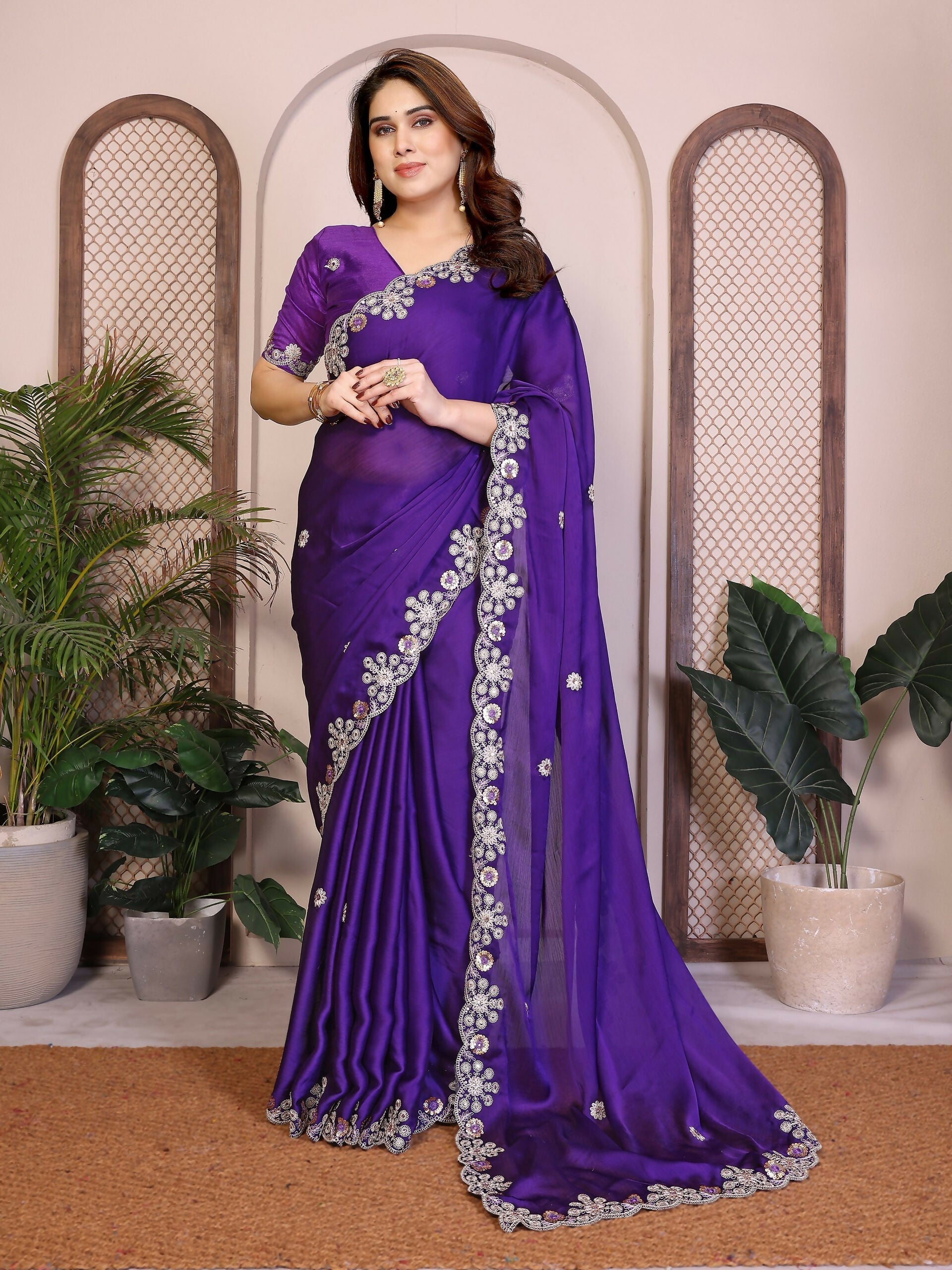 Teeya Creation New Trendy Party Wear Soft Satin Chiffon Saree-Purple