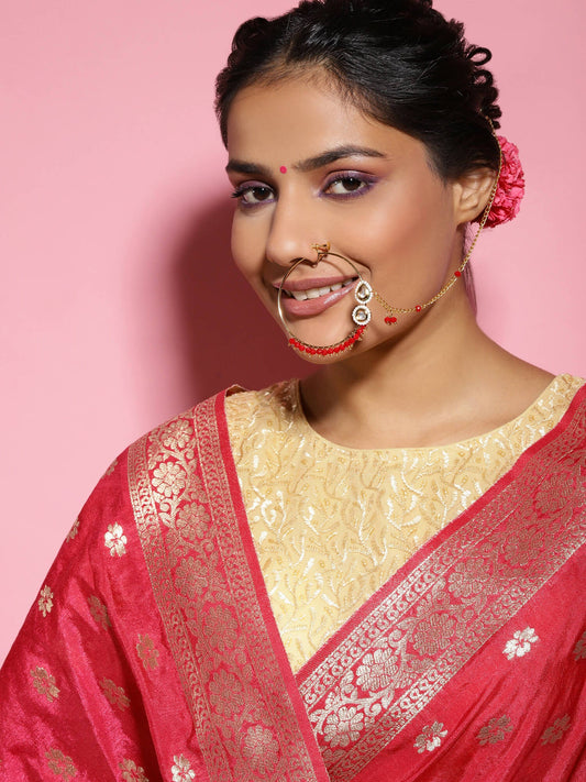 Gold-Plated White Red Kundan-Studded Pearl Beaded Nosepin - Ruby Raang - Grab2buy