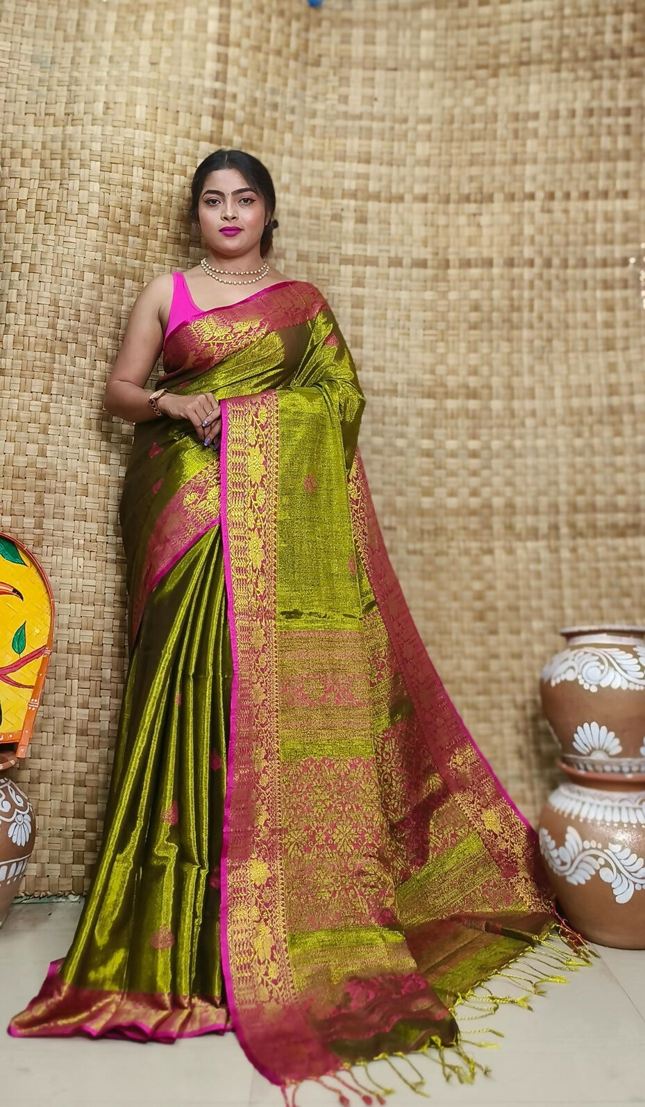 Exclusive Collection Olive Pink Beautiful Tissue Benarasi Grab2Buy 