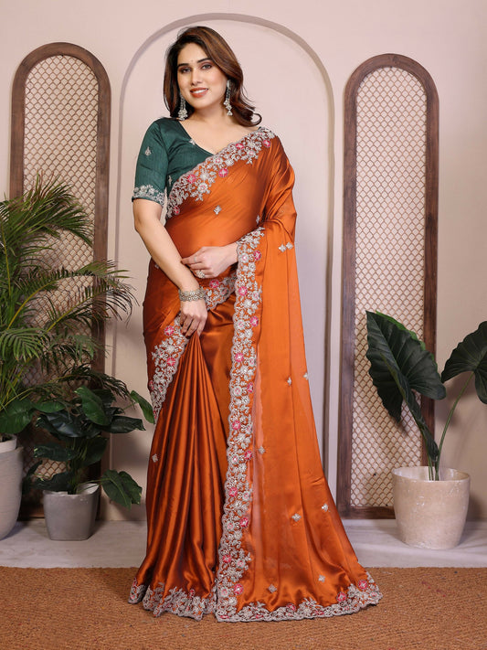 Teeya Creation New Trendy Stylish Party Wear Silk Saree-Orange