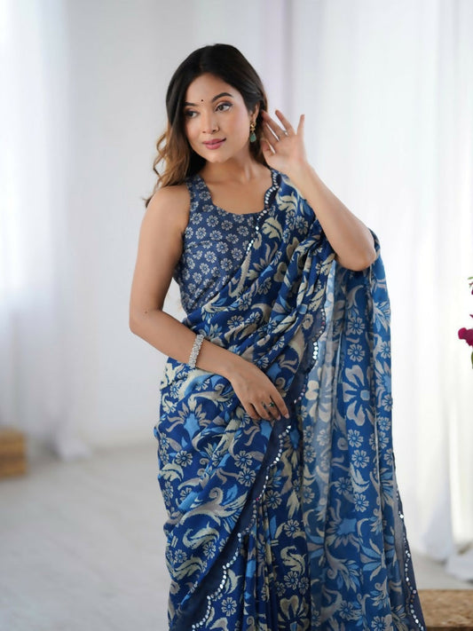Blue Chinon Designer Digital Printed,Mirror Cut Work Saree - Manvika