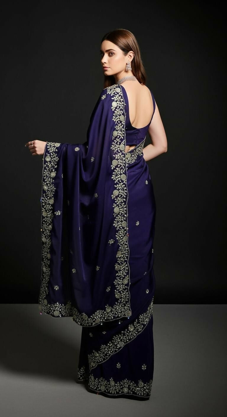 Joban Fashion Blue Fandy Satin Silk Party Wear Sarees