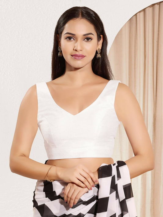 Joban Fashion White Mulberry Silk Padded Blouse With Round Neck Sleeveless
