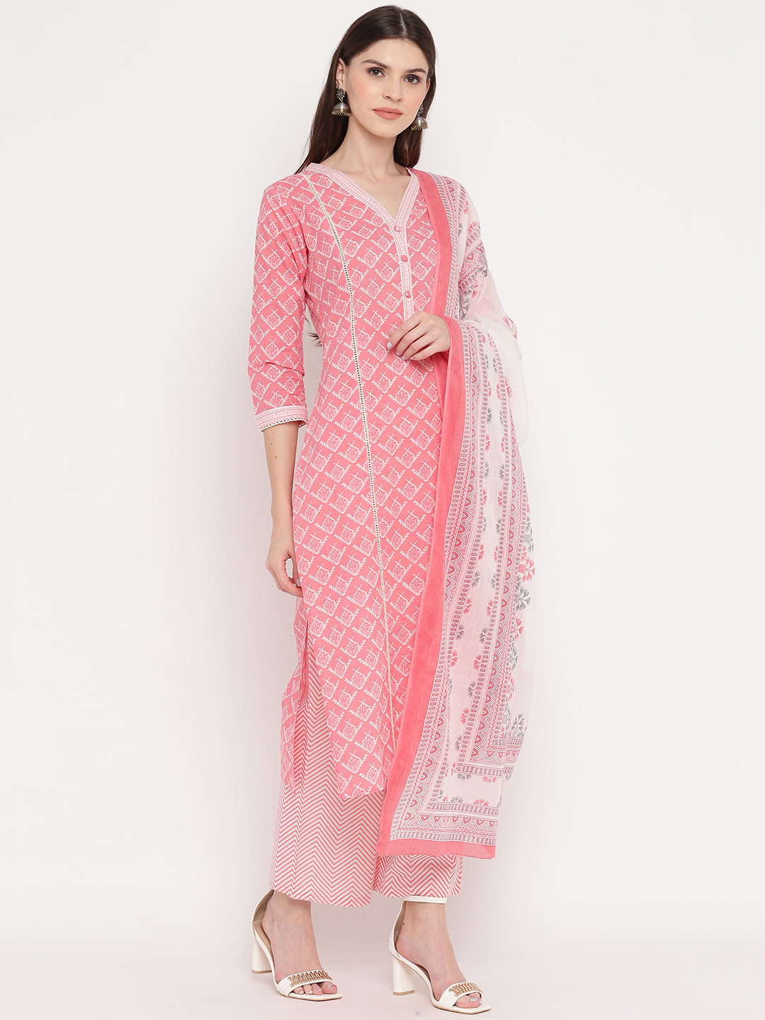 NOZ2TOZ Women Light Pink Cotton Kurta With Palazzo & Dupatta (3Pcs Set) 