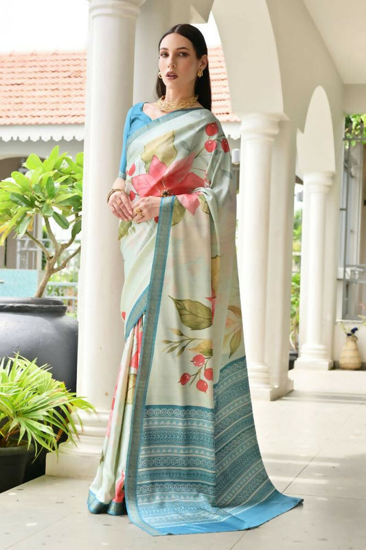 Vishnu Weaves Women's Firozi Satin Silk Printed Saree with Blouse