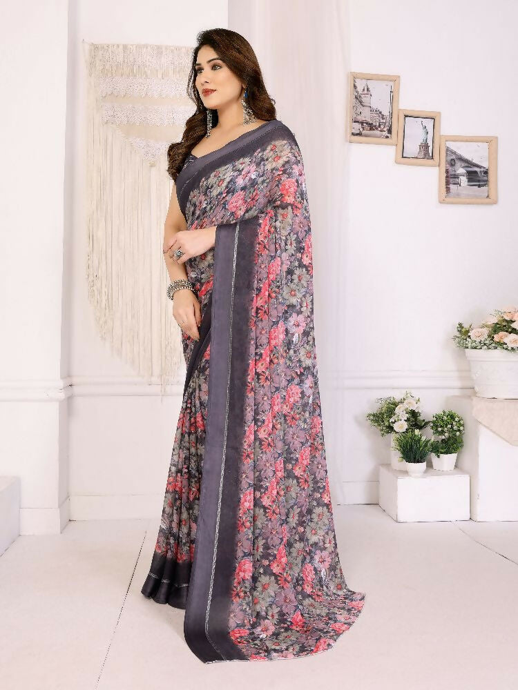 PR Fashion Black Bright Moss Satin Patta Printed Saree