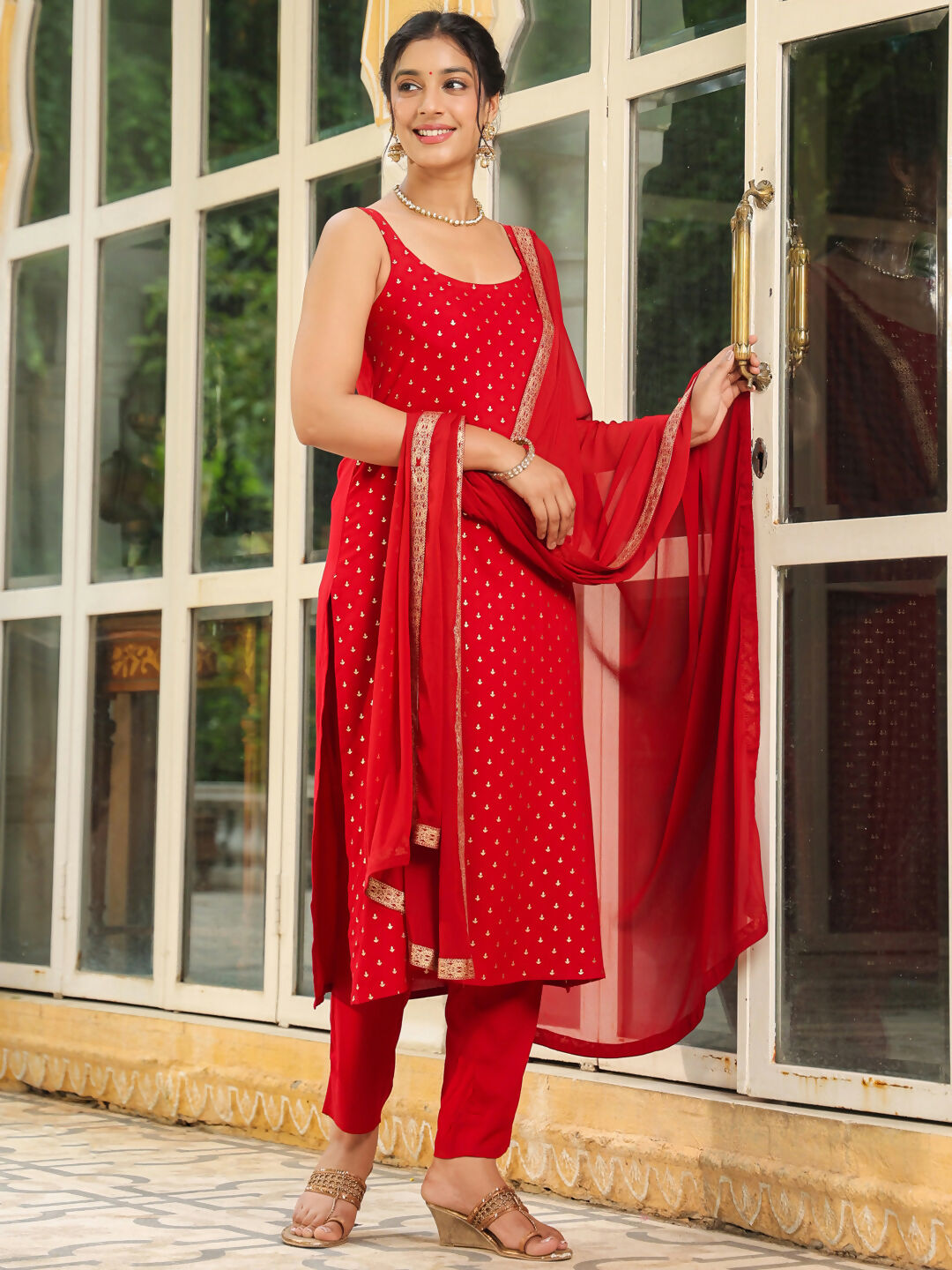 Janasya Maroon Rayon Foil Print Kurta,Bottom & Dupatta 