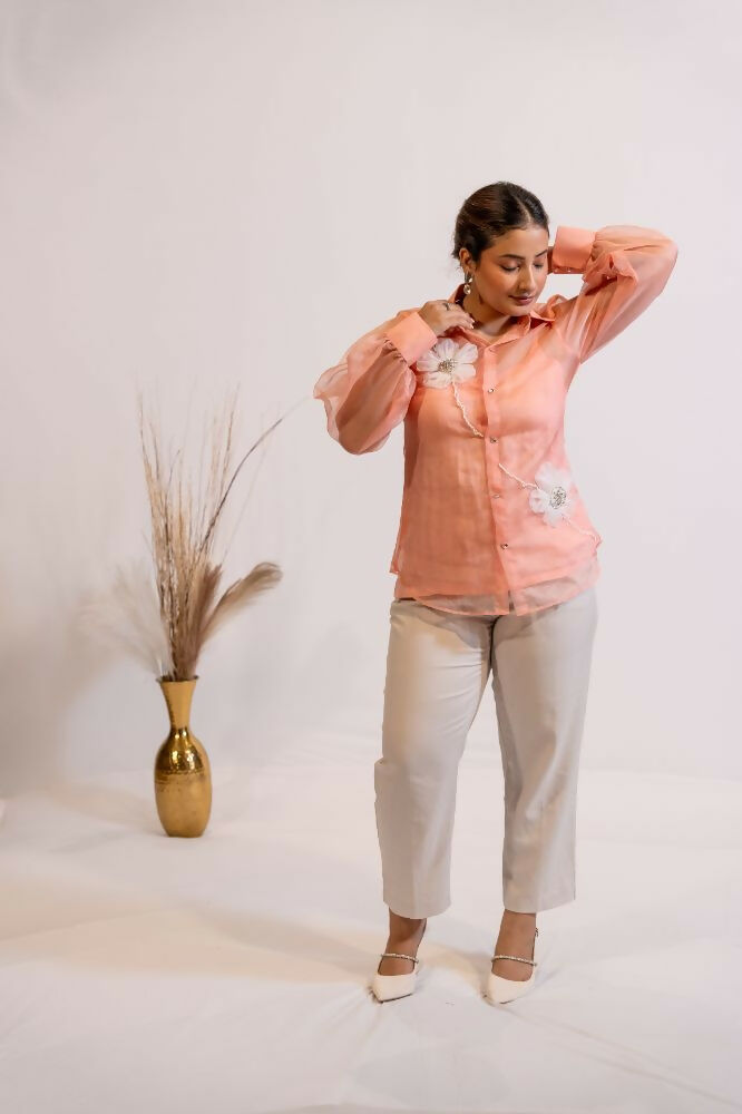 Timaraa Peach Coral Organza Shirt With Hand Embellished 3D Floral Motift  Grab2Buy Timaraa Grab2Buy