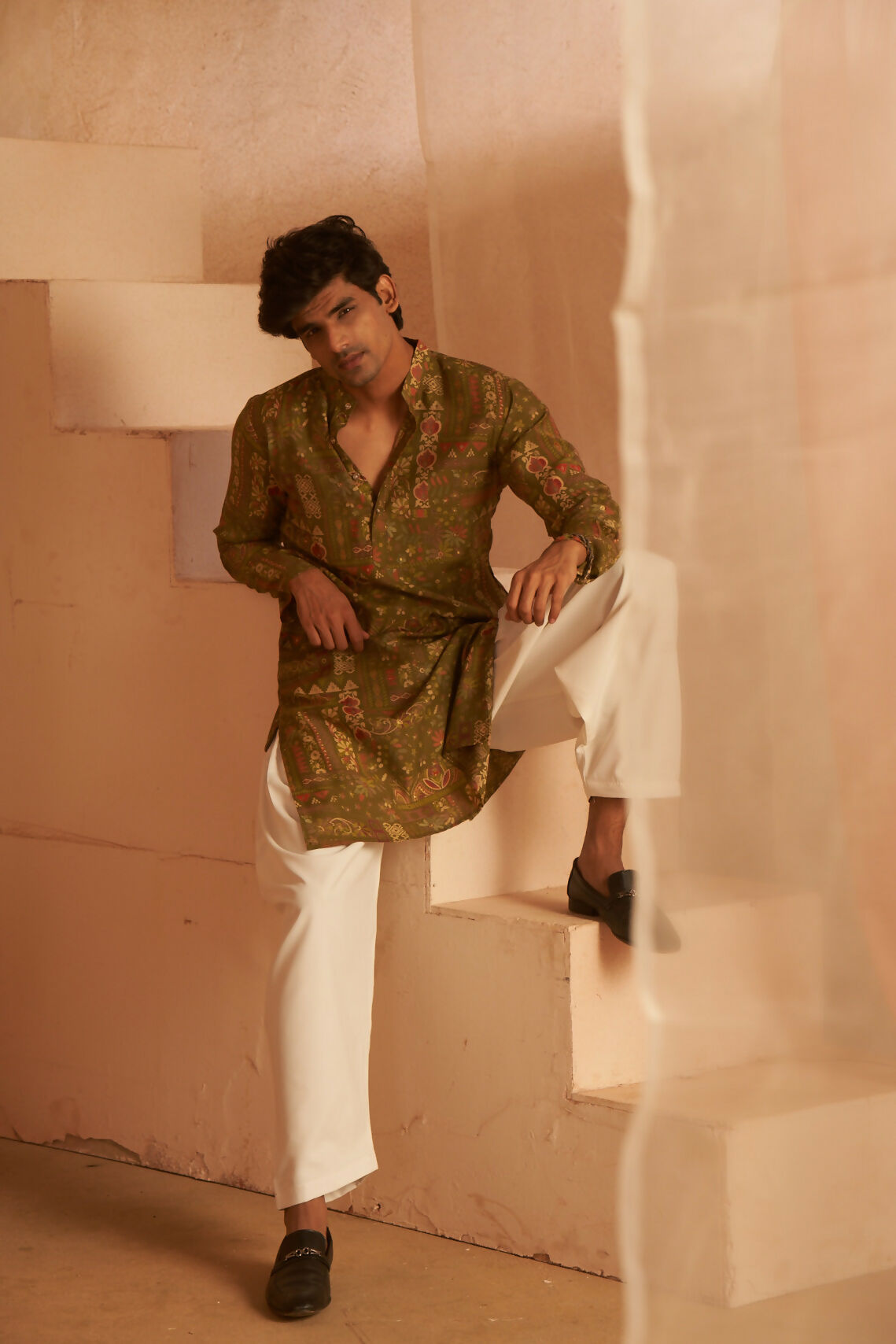 Green Modal Silk Designer Printed Men's Kurta Set - Mahotsav
