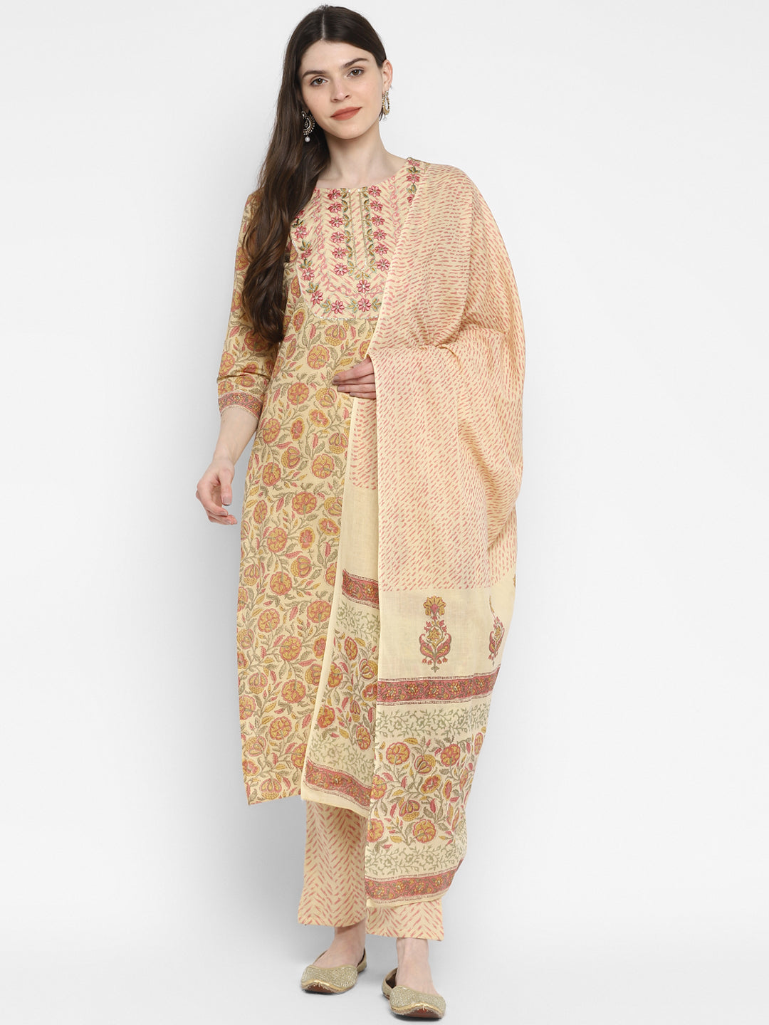 NOZ2TOZ Women Cream Cotton Kurta with Pant & Dupatta (3pcs Set) 