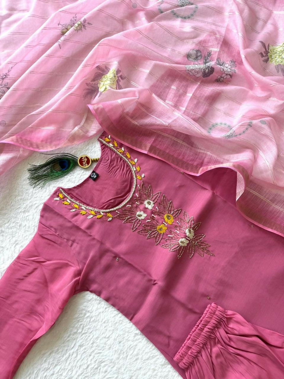 Teeya Creation Womens New Fancy Premium Mul Chanderi Kurta Set - Pink