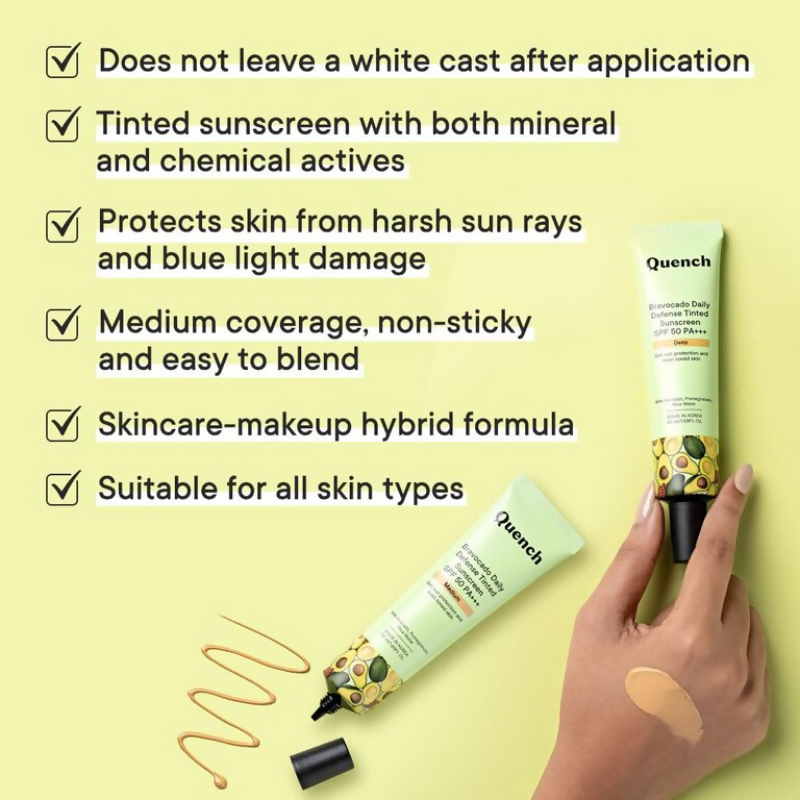 Quench Vitamin E Tinted SPF 50 Sunscreen PA+++ with both Mineral & Chemical Actives (Light) 