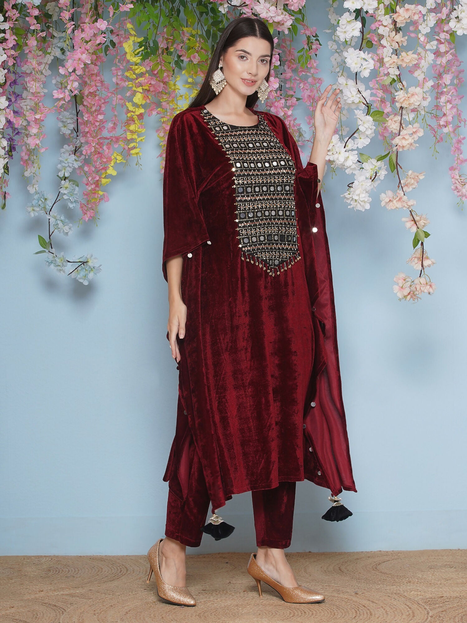 Joban Fashion Maroon Velvet Hand Embellished Kaftaan Set