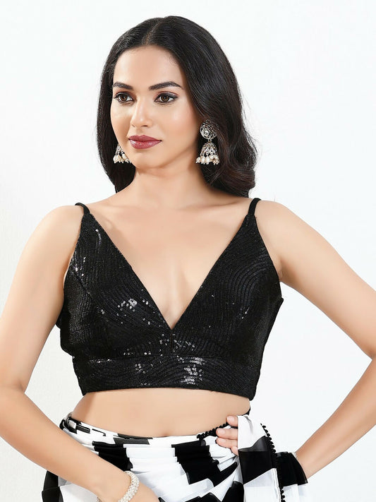 Joban Fashion Black Sequin Padded Blouse With V Neck Sleeveless
