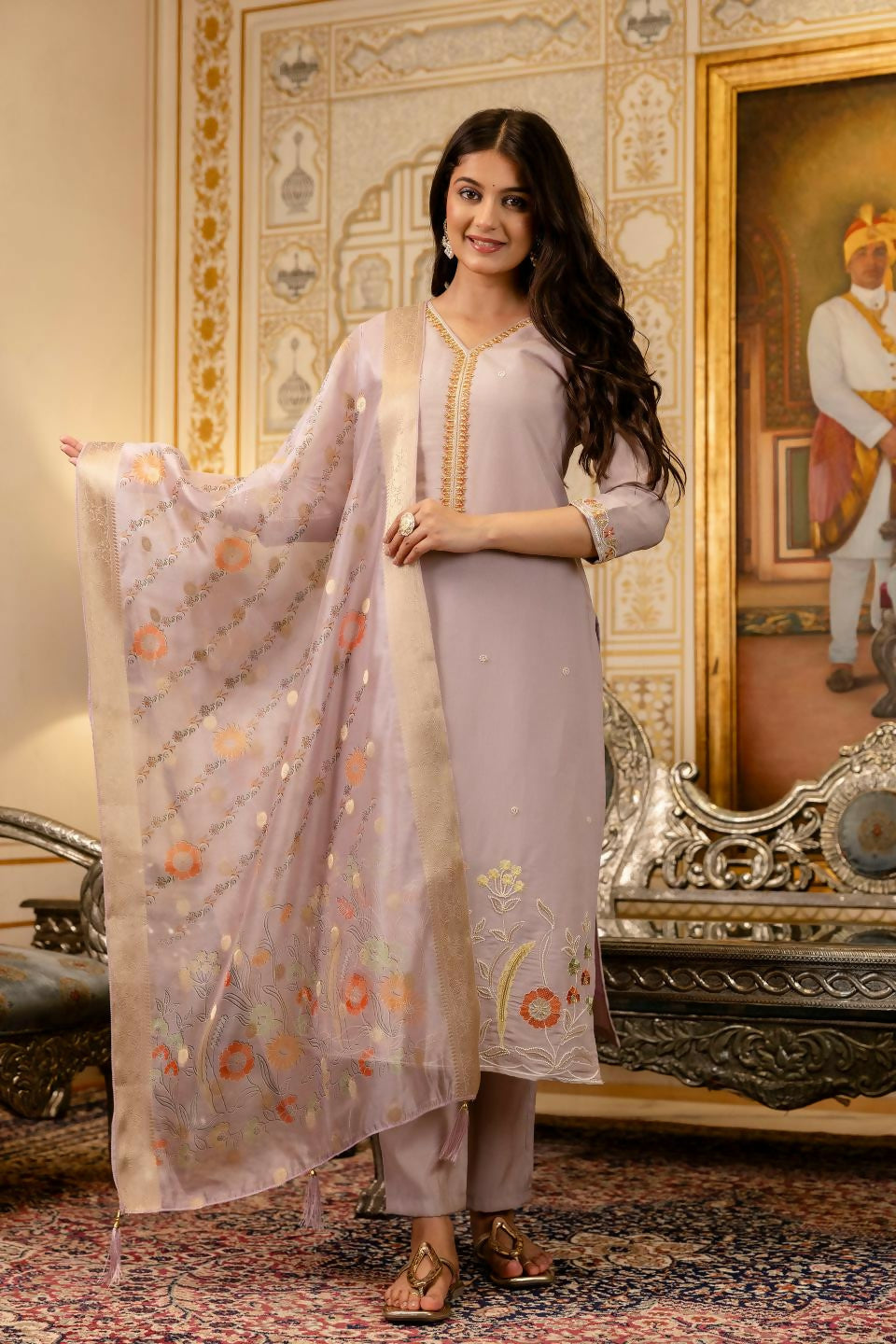 The52 Lavender Women's Beautiful Viscose Shimmer Fabric Embroidered Work Straight Kurta Pant and Dupatta Set | Grab2Buy