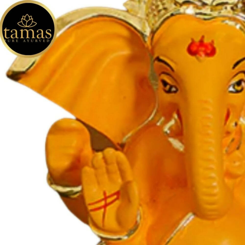 Tamas Gaj Karna Ganesh Idol | Orange & Gold | Brass Pooja Decor 