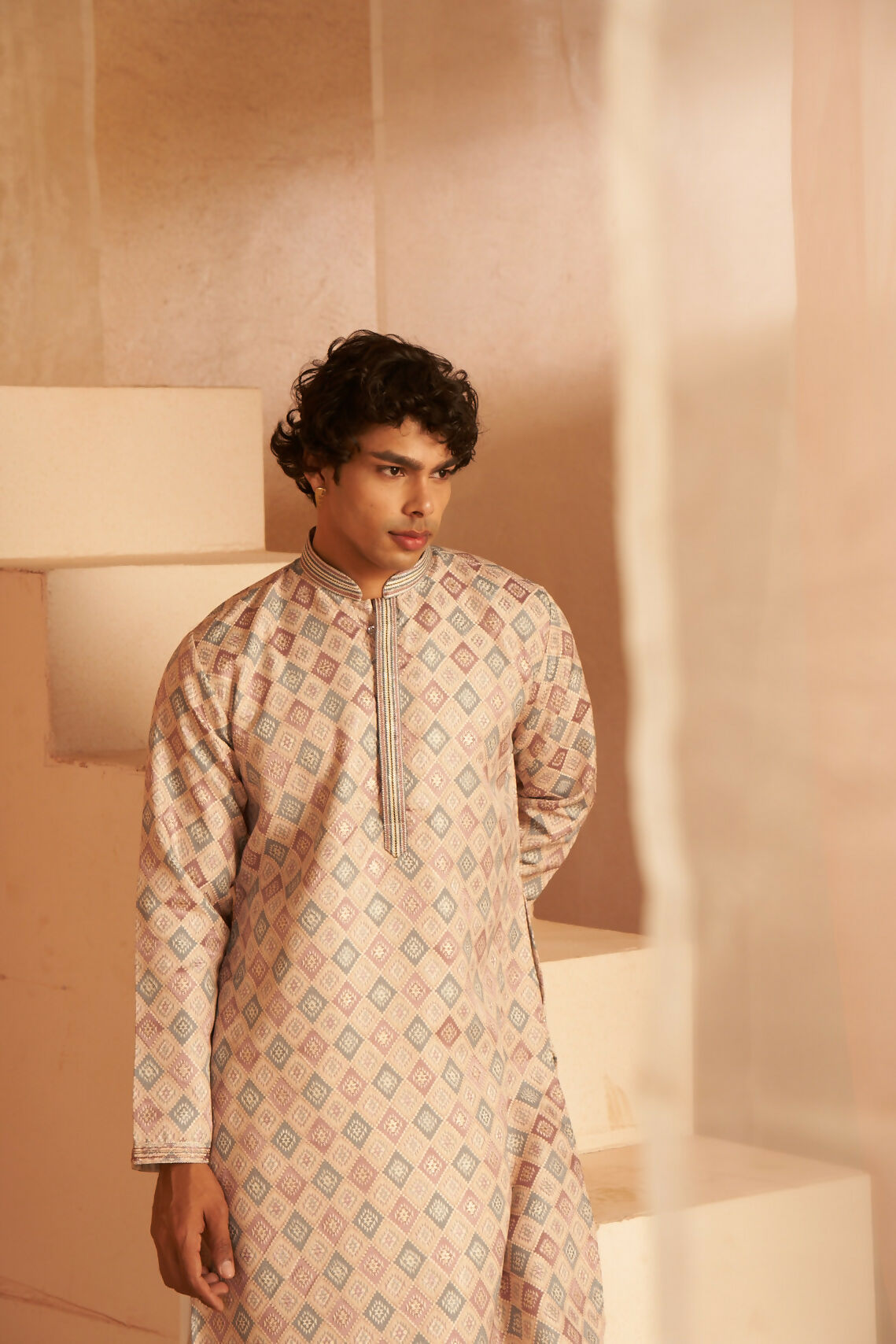 Cream Viscose Wevon Designer Men's Kurta Set - Mahotsav