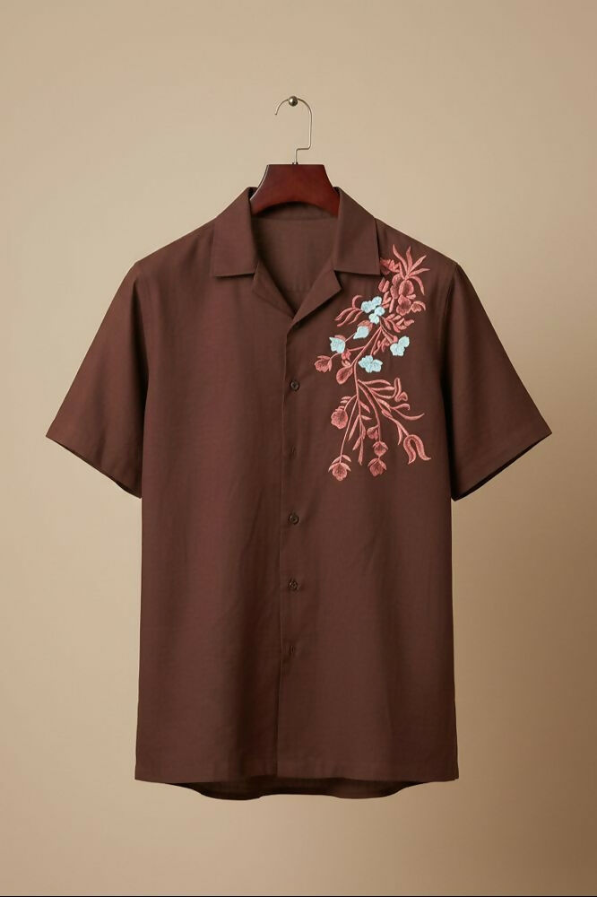 Solvra — Brown Floral Embroidered Cotton Shirt by Hilo Design