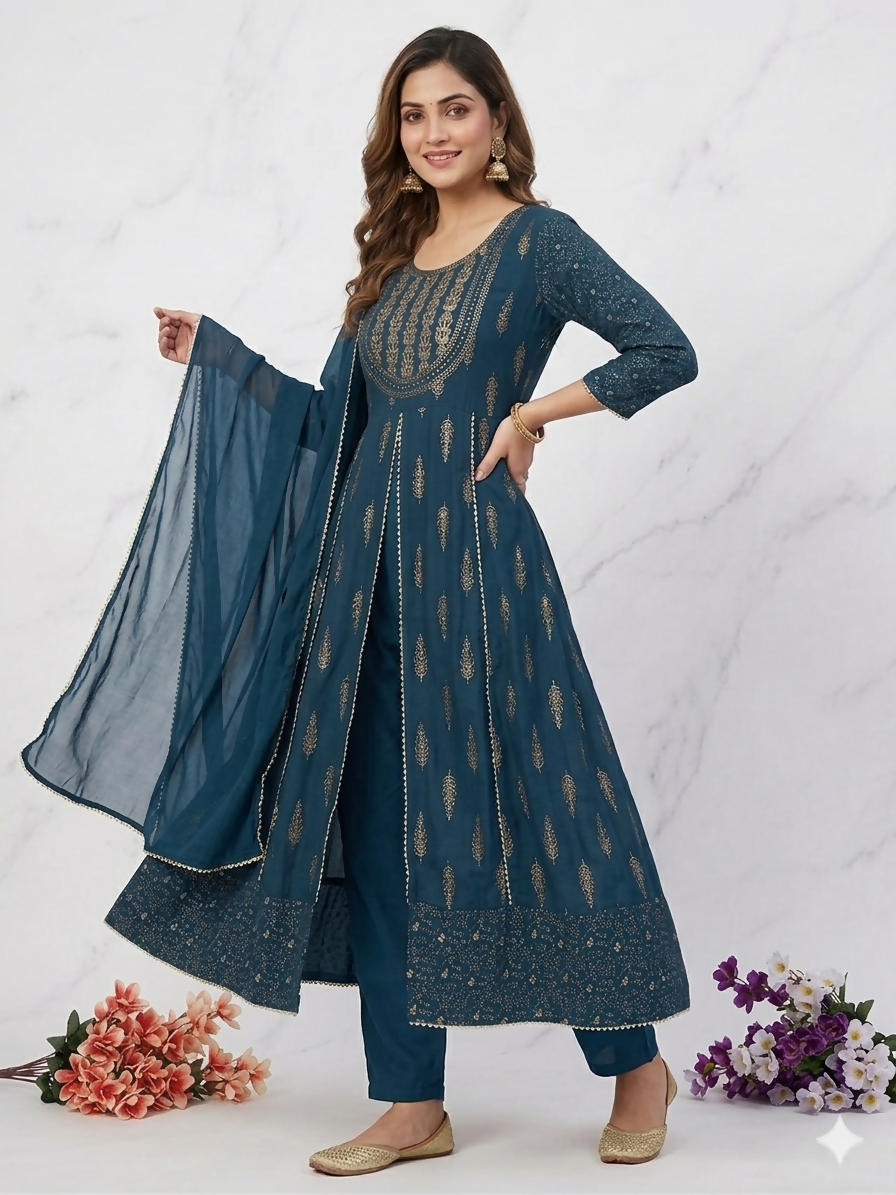 Teeya Creation Women's Teal Blue Fully Stitched Anarkali Suit With Pant And Dupatta