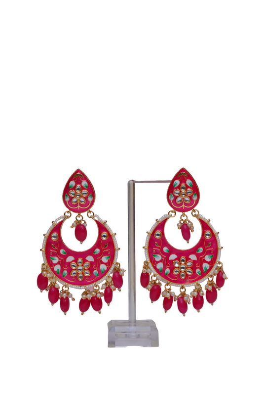Pink Gold-Polished Brass & Pearl Dangle Women Earrings| Hand Painted Meenakari Chandbali Traditional Ethnic Wear Earrings By House of Ree House of Ree