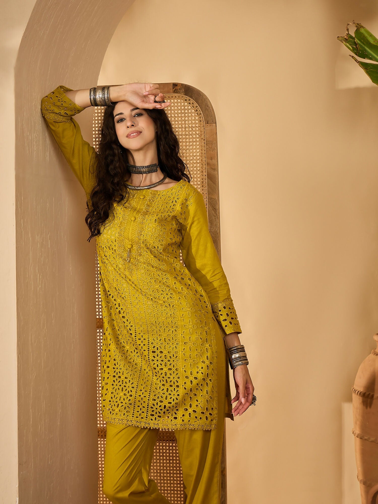 Joban Fashion Embroidery Mustard Pure Cotton Cord Set