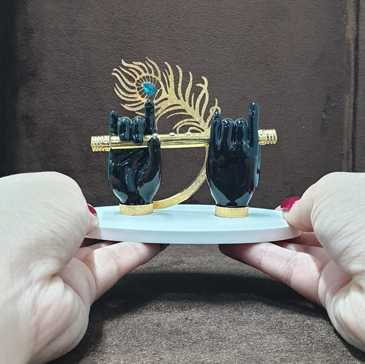 House Of Wemy Gold-Polished Lord Krishna Hands Idol with Flute and Pecock Feather - Black 