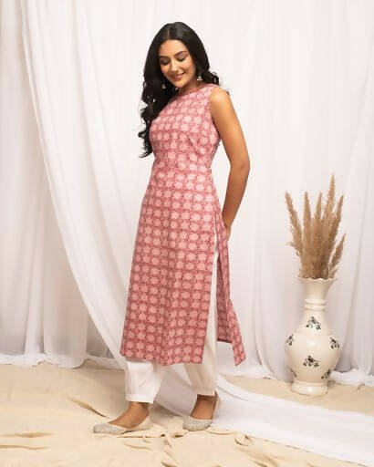 FIORRA Women's Floral Printed Pink Cotton Straight Kurta 