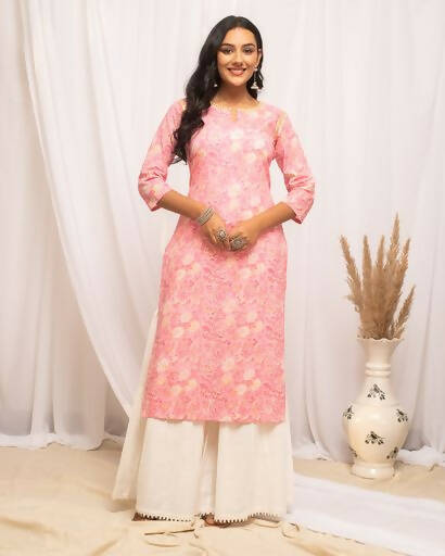 FIORRA Women's Floral Printed Peach Cotton Straight Kurta 